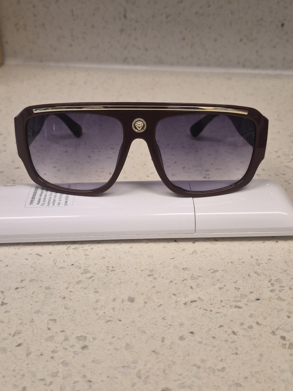 Versace Brown Frame Sunglasses with Purple Gradient Lenses and Gold Accents